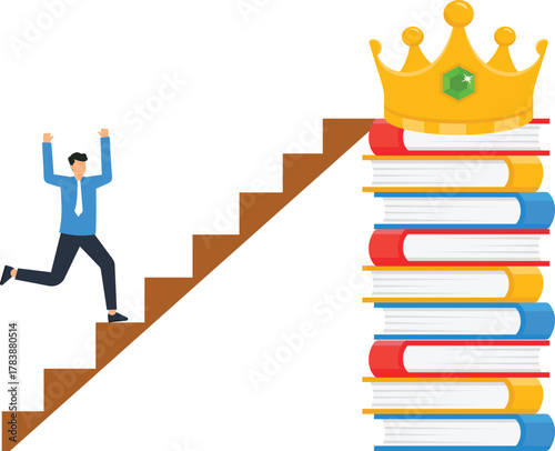 Businessman climbing stairs to a crown on books for career growth knowledge power achieving success personal development business education goal achievement leadership skills
