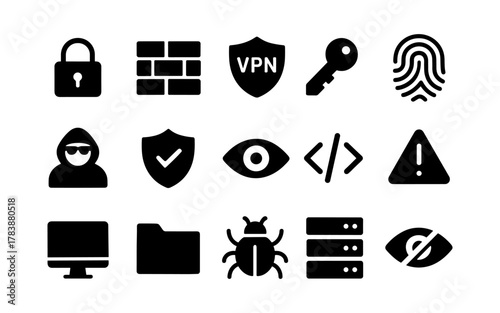 Cyber security icons set: simple black symbols for internet protection and data privacy