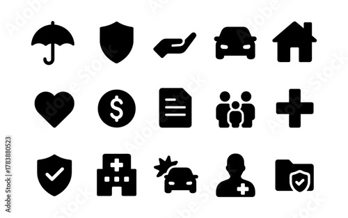 Essential insurance icons set featuring health, auto, home, and life coverage symbols