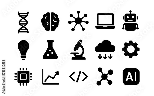 Innovative technology icons: dna, ai, cloud, and more simple bold symbols