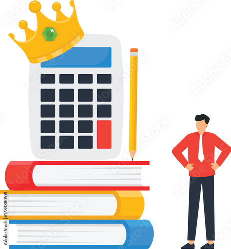 Business accounting concept successful businessman crowned calculator financial education wealth management investment strategy budget calculation market leader corporate finance
