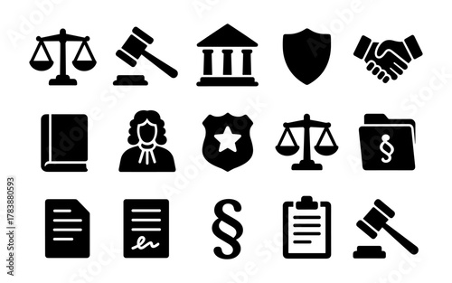 Legal icons set: justice, law, court, and police symbols in silhouette style