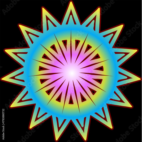 A bright star-shaped mandala with sharp yellow and purple rays on a blue circular base.