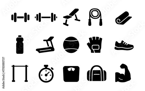 Silhouette icons of gym equipment and fitness accessories for workout enthusiasts
