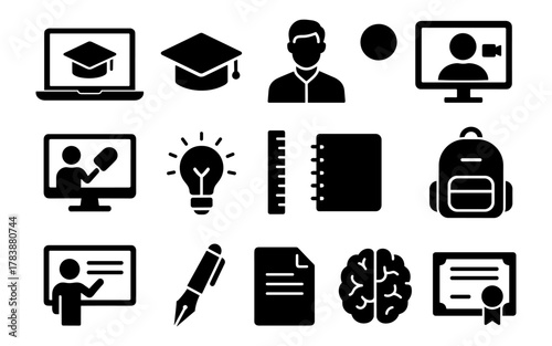 Online education icons set: e-learning, graduation, and teaching symbols
