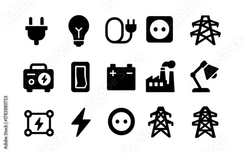 Energy and power icons: electricity, light, and industry in simple black silhouettes