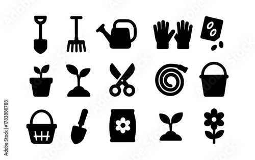 Silhouette garden icons: tools, plants, and seeds for horticulture design