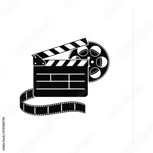 Film industry elements clapper board reel and strip in black illustration