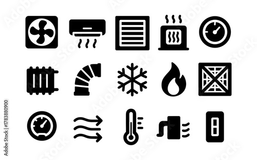 Essential hvac icons set featuring cooling heating symbols in bold black silhouette style for modern design