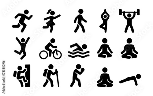 Collection of dynamic stick figures engaged in various sport and fitness activities