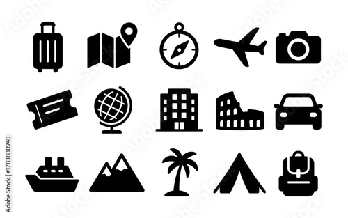 Travel icons set: silhouette symbols of adventure and exploration