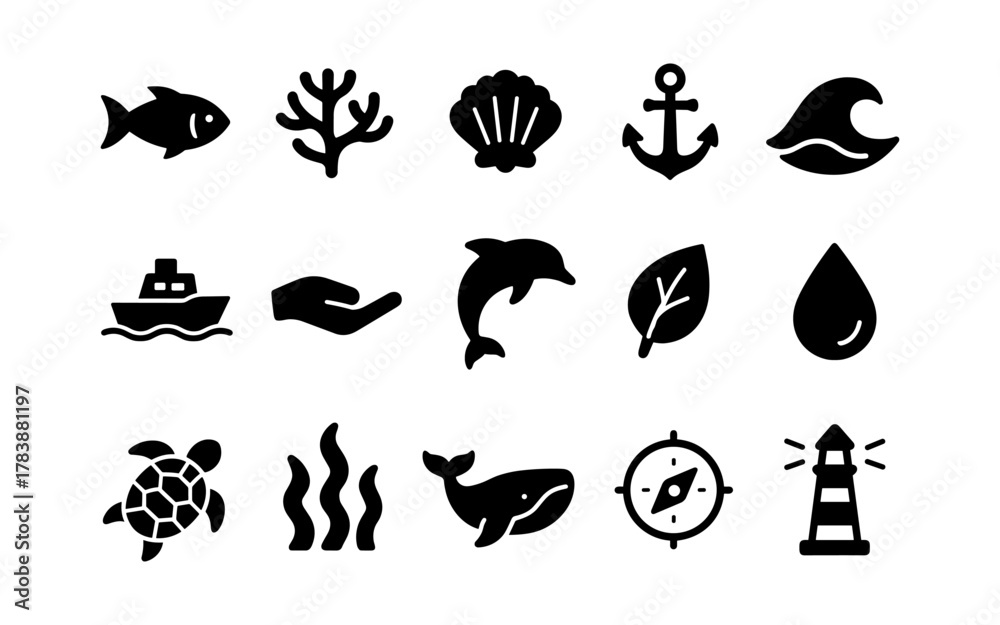 Obraz premium Nautical and marine icons set: silhouette ocean elements