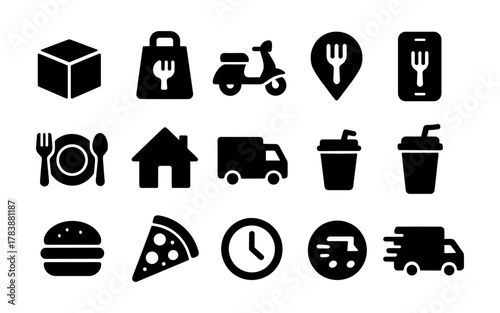 Essential icons for food delivery apps: monochrome silhouette set