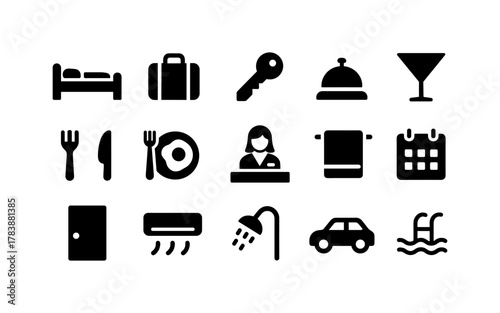 Essential hotel icons set for travel and hospitality in flat design