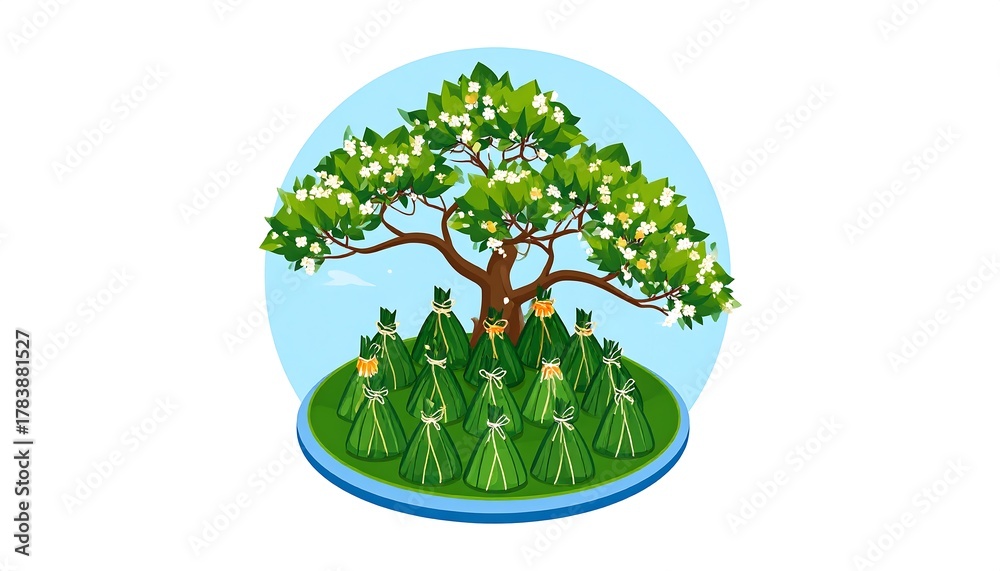 Obraz premium Whimsical Illustration of a Tree with Green Cones in a Circle.
