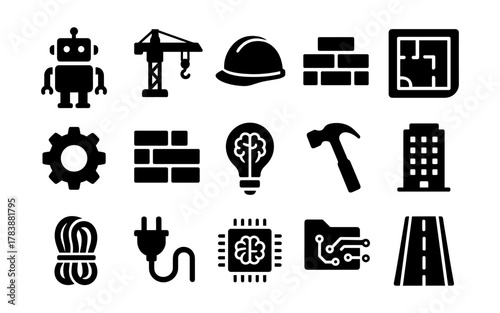Silhouette icons: construction, technology, and engineering essentials