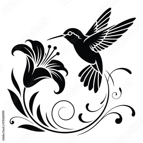 Hummingbird with Lily flower vector illustration elegant black silhouette design