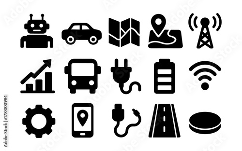 Essential elements of modern technology and transportation icons in bold silhouette style