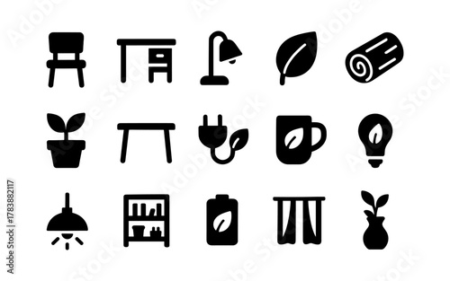 Silhouette icons of eco-friendly home and office essentials