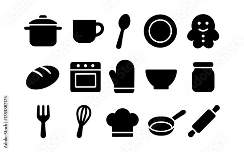 Silhouette kitchen icons set featuring cooking tools and utensils