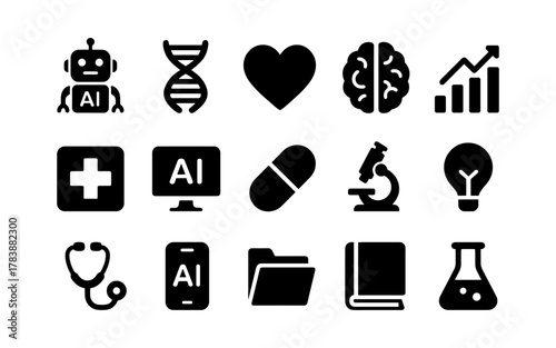 Flat icons of technology, science, and healthcare elements