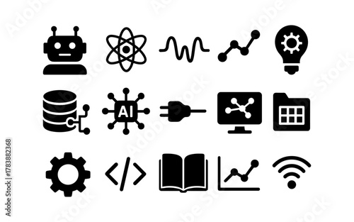 Technology icons set featuring ai, robotics, and data science elements in black silhouette style