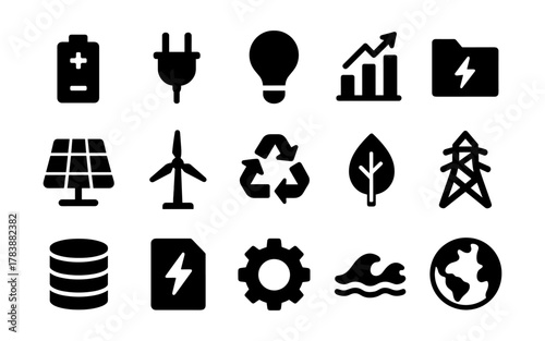 Collection of renewable energy and technology icons in solid style