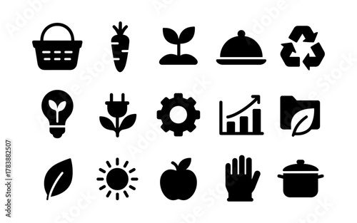 Eco-friendly and organic icons set: sustainable lifestyle design in silhouette style