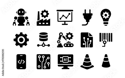 Technology and automation icon set featuring robots, data, and digital innovation