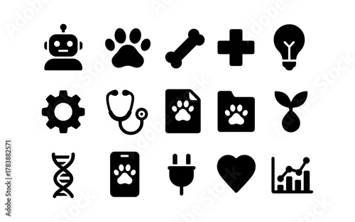 Set of silhouette icons: technology, nature, health, and pets