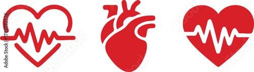Red heartbeat line collection with heart symbol, cardiology, medical pulse, ECG, EKG design, healthcare clipart vector illustration, health monitoring, digital heartbeat graphics