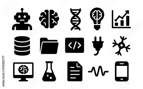 Technology and science icons set: ai, neural, dna, data, and more in bold silhouette