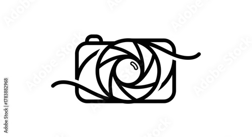 Minimalist Camera Logo with Aperture Design and Flowing Lines.