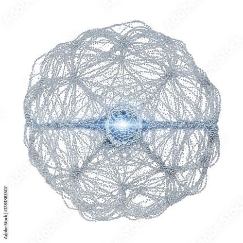 Abstract silver sphere with glowing core isolated on transparent background, representing technology, science, or a futuristic concept with intricate details