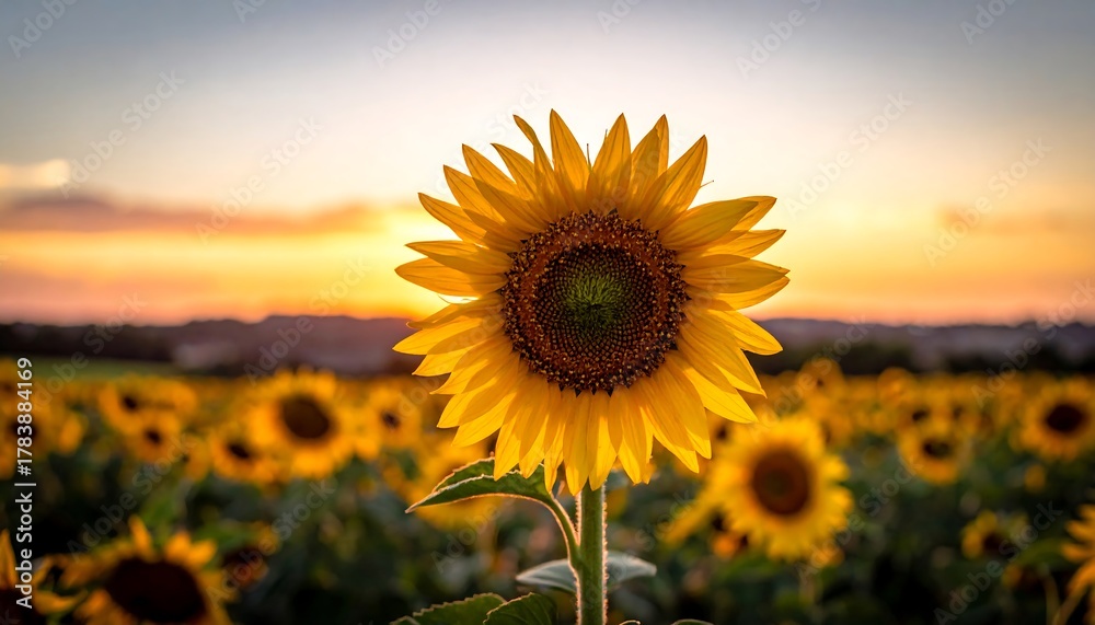 Obraz premium Radiant Sunflower Field at Sunset - A Golden Floral Landscape.