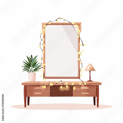 A wooden vanity table with a mirror adorned with warm yellow string lights a potted green plant sits to the left and a small table lamp to the right against a white background