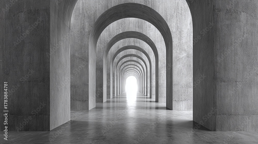 Obraz premium A long perspective concrete architecture, with repetitive arches and bright light at the end of a corridor. The visual effect is perspective, symmetry, and clean, minimal design.