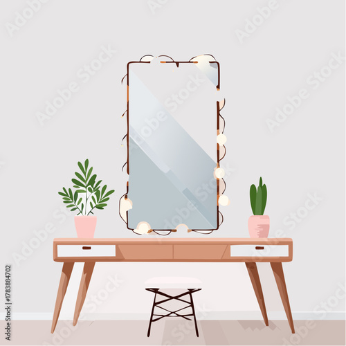Pixel Art Vanity Table with Mirror and Potted Plants Illuminated by Warm String Lights Minimalist White Room Setting