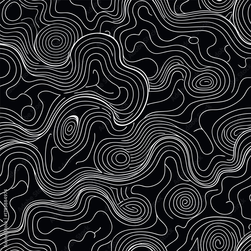 Obraz premium Abstract wavy contour line pattern, black background with flowing orange and white lines, modern minimal topographic texture