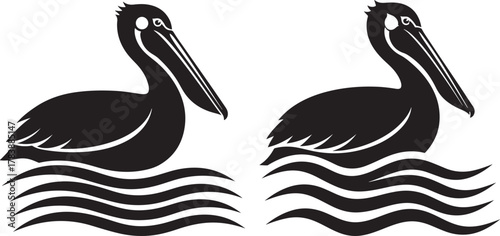 Two black pelicans floating on wavy water silhouette