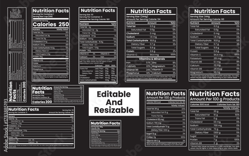 Nutrition Facts Level Collection On Black – Editable and Resizable File For Food & Health Guide