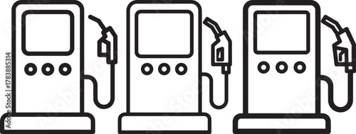 Three identical gas pumps lined up in a row silhouette