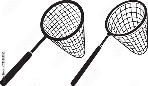 Two black silhouette net tools for catching insects or butterflies silhouette