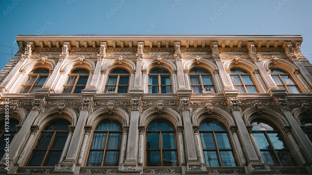 Obraz premium Detailed facade with arched windows and ornate carvings on a historical building under a bright blue sky. A timeless architectural masterpiece. #architecture #windows