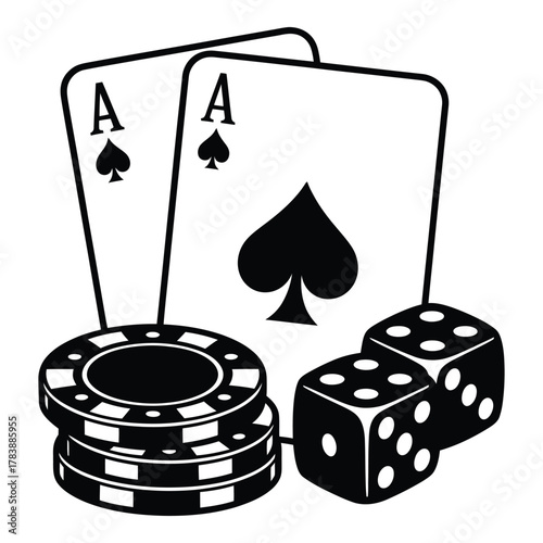 Poker night with lucky aces dice and chips black and white