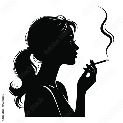 Silhouette of elegant woman smoking cigarette with smoke in black vector