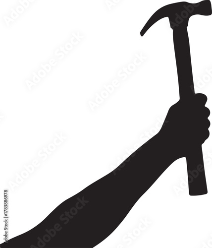 Silhouette of arm and hand holding a hammer on white background