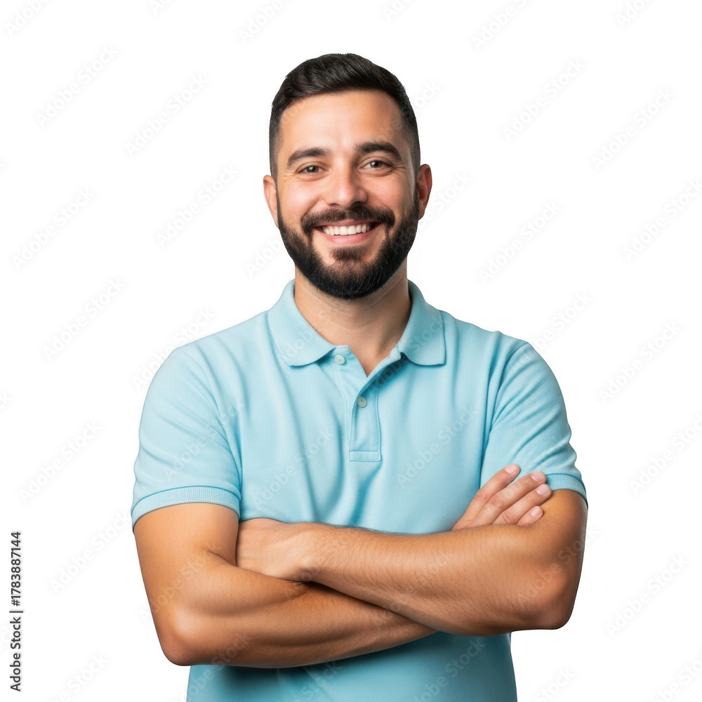 Fototapeta premium A smiling man with a beard wearing a light blue polo shirt with arms crossed isolated on transparent background