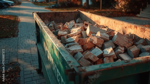 Construction debris bin brimming with broken bricks. The green container sits on a paved street in warm light. Renovation or demolition project underway. Recycle building waste.