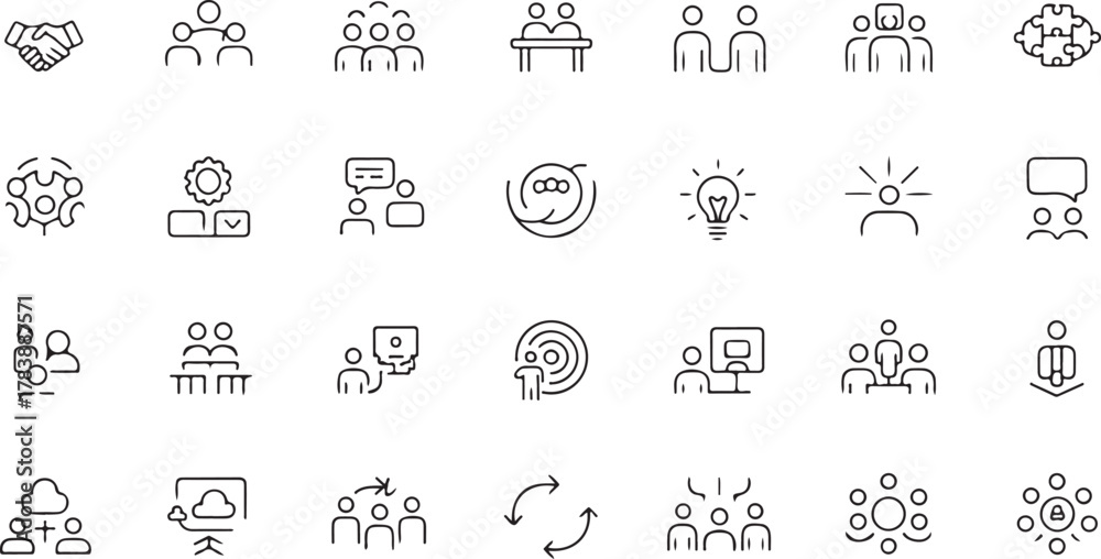 Fototapeta premium Collection of hand drawn business and teamwork icons in a grid layout